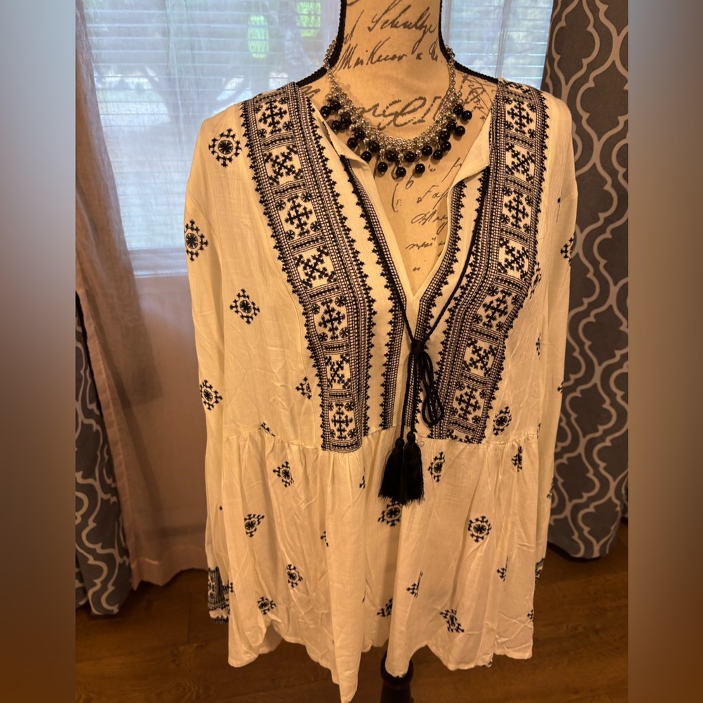 Bohemian White and Black Embroidered Blouse